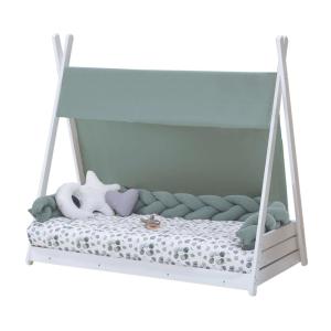 Cama cabaña Montessori blanca 70x140 cm   textil hojas euca…