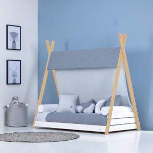 Cama cabaña Montessori madera 70x140 cm   textil azul