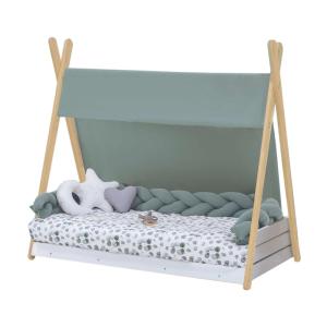 Cama cabaña Montessori madera 70x140 cm   textil hojas euca…