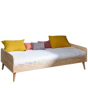 Cama con patas y colchón madera maciza  natural 90x190 cm