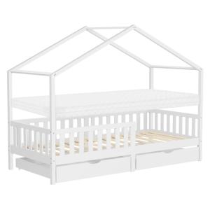 Cama infantil casa de madera blanco 90x200cm 2 cajones   co…