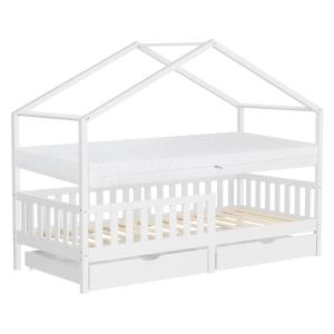 Cama infantil casa de madera blanco 90x200cm 2 cajones   co…