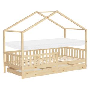 Cama infantil casa de madera natural 90x200cm 2 cajones   c…