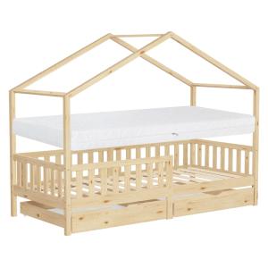 Cama infantil casa de madera natural 90x200cm 2 cajones   c…