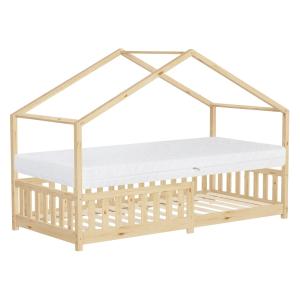 Cama infantil casa de madera natural maciza 90x200cm con co…