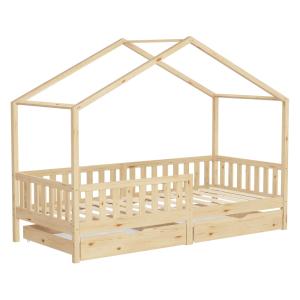 Cama infantil casa madera natural maciza de pino 90x200cm 2…