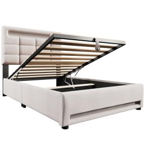 Cama infantil con almacenaje y LED de lino 90x200 cm, beige
