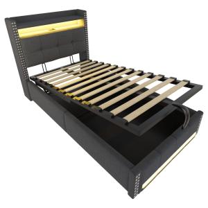 Cama infantil con almacenaje y LED de lino 90x200 cm, gris