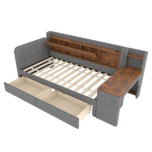 Cama infantil con cajones y escritorio de lino 90x200 cm, g…