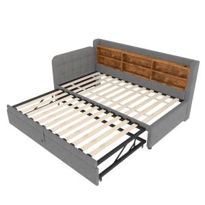 Cama infantil con cama extraíble y USB de lino 90x200 cm, g…