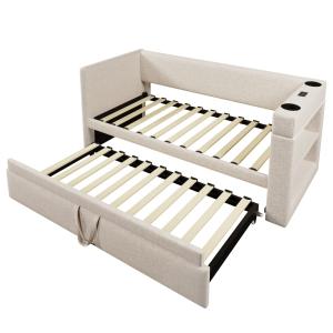 Cama infantil de algodón y lino beige 90x190 cm con cama ni…