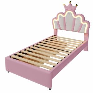 Cama infantil de cuero rosa 90x200 cm con 2 cajones e ilumi…