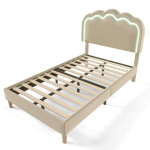 Cama infantil de lino beige de 90x190 cm con cabecero regul…