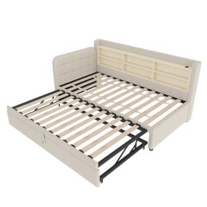 Cama infantil de lino beige de 90x200 cm con cama nido y USB