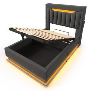 Cama infantil de lino gris 90x200 cm con espacio de almacen…