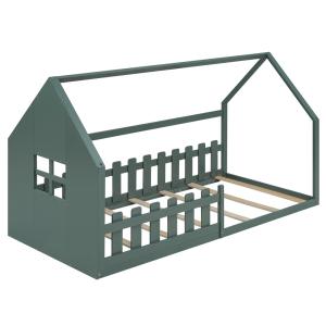 Cama infantil de madera verde 90x200 cm con forma de casa