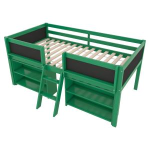 Cama infantil de pino verde 90x200 cm con estantes