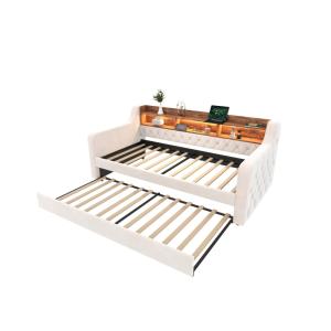 Cama infantil de terciopelo beige 90x190 cm con diseño extr…