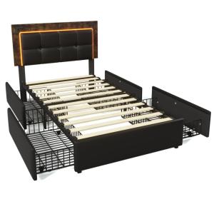 Cama infantil polipiel negra 90x200 cm con 4 cajones y LED