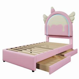 Cama infantil polipiel rosa 90x200 cm con 2 cajones y tira…