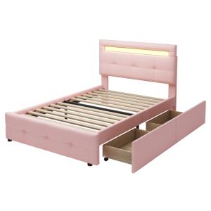 Cama infantil tapizada en rosa 90x200 cm con 2 cajones