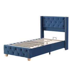 Cama infantil terciopelo azul 90x200 cm con somier y cabece…