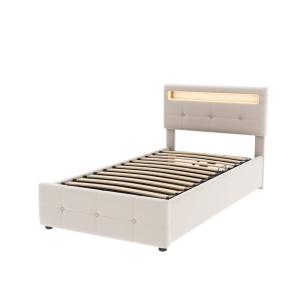 Cama infantil terciopelo beige 90x200 cm con almacenaje y l…