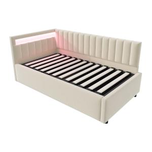 Cama infantil terciopelo beige 90x200 cm, espacio de almace…