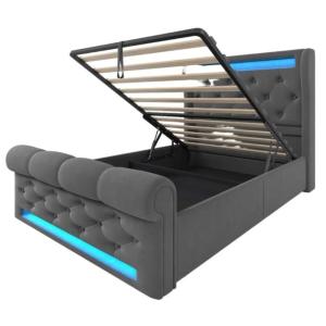 Cama infantil terciopelo gris 90x200 cm con almacenaje, led…