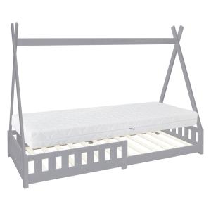 Cama infantil tipi 90x200cm gris con colchón y tejado de ti…