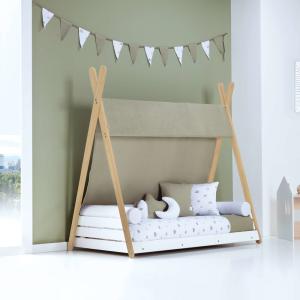 Cama Montessori madera 70x140 cm   colchón   textil verde-o…