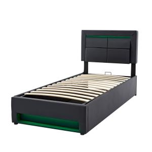 Cama negra con compartimento de pu 90 x 200 cm con luces led