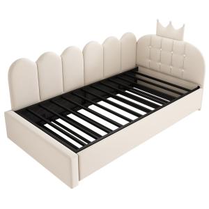 Cama nido con corona y rejilla tapizada 90x200 cm Beige