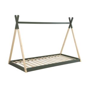 Cama tipi infantill de pino natural con base, 90cm, verde