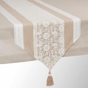 Camino de mesa de algodón beige con encaje beige 40x150 cm