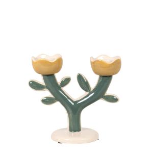 Candelabro con forma de flor de gres verde, amarillo y blan…