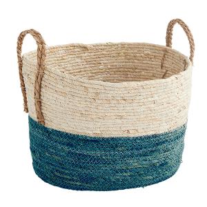 Cesta de paja con 2 asas - azul - 39x33x27cm