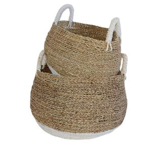 Cesta redonda de junco marino, blanco/beige - juego de 2