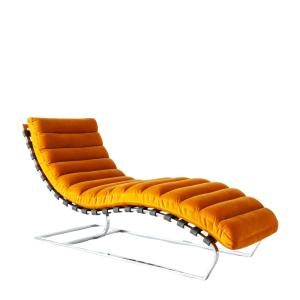 Chaise longue de terciopelo ámbar y acero cromado