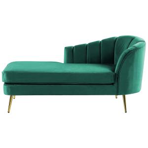 Chaise longue de terciopelo verde esmeralda dorado derecho