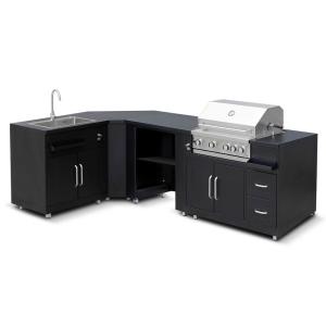 Cocina exterior esquinera con 4 muebles, fregadero y barbac…