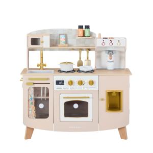 Cocina mediana de madera con horno y cafetera dorada, Beige…