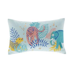 Cojín con estampados de jungla azules, rosas, amarillos, ve…