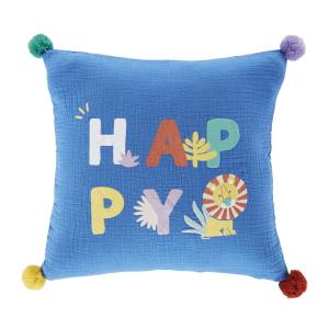 Cojín con pompones y estampado HAPPY multicolor, 35 x 35