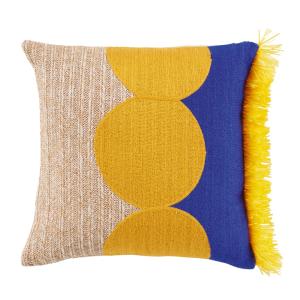 Cojín de exterior con bordado tricolor y flecos 45x45 cm