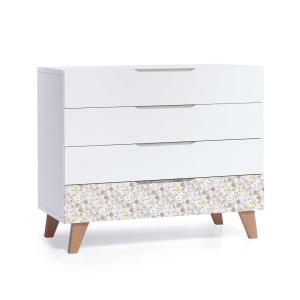 Cómoda infantil blanco/madera con vinilo flores rosas