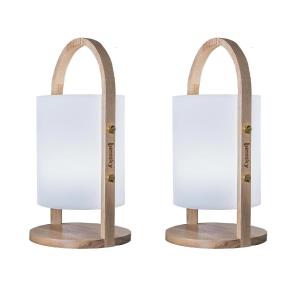 Conjunto de 2 faroles led inalámbricas madera clara h37cm