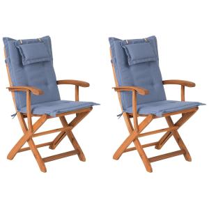 Conjunto de 2 sillas de jardín de madera con cojines azules