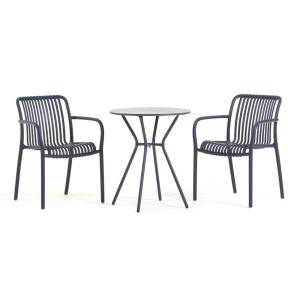Conjunto de balcón con mesa redonda y dos sillas azul