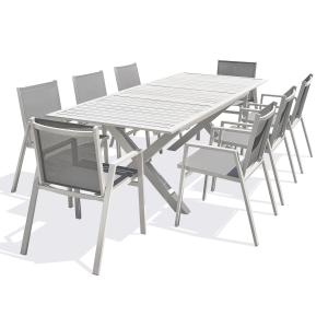 Conjunto de comedor de jardín 8 plazas de aluminio blanco